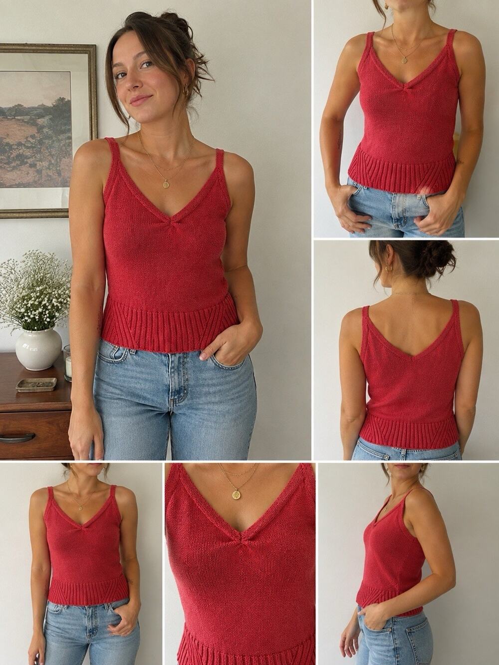 Banana Republic XXS Red Coral Knit Sweater Tank Top V Neck Ribbed Hem Y2K